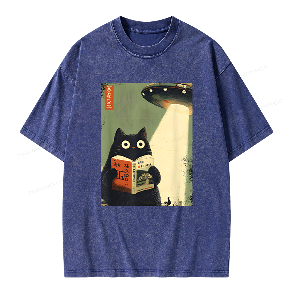 Pagewings Vintage Cat Book Lovers Unisex Washed T-shirt