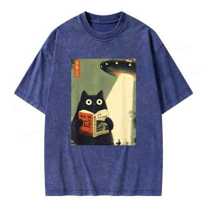 Pagewings Vintage Cat Book Lovers Unisex Washed T-shirt