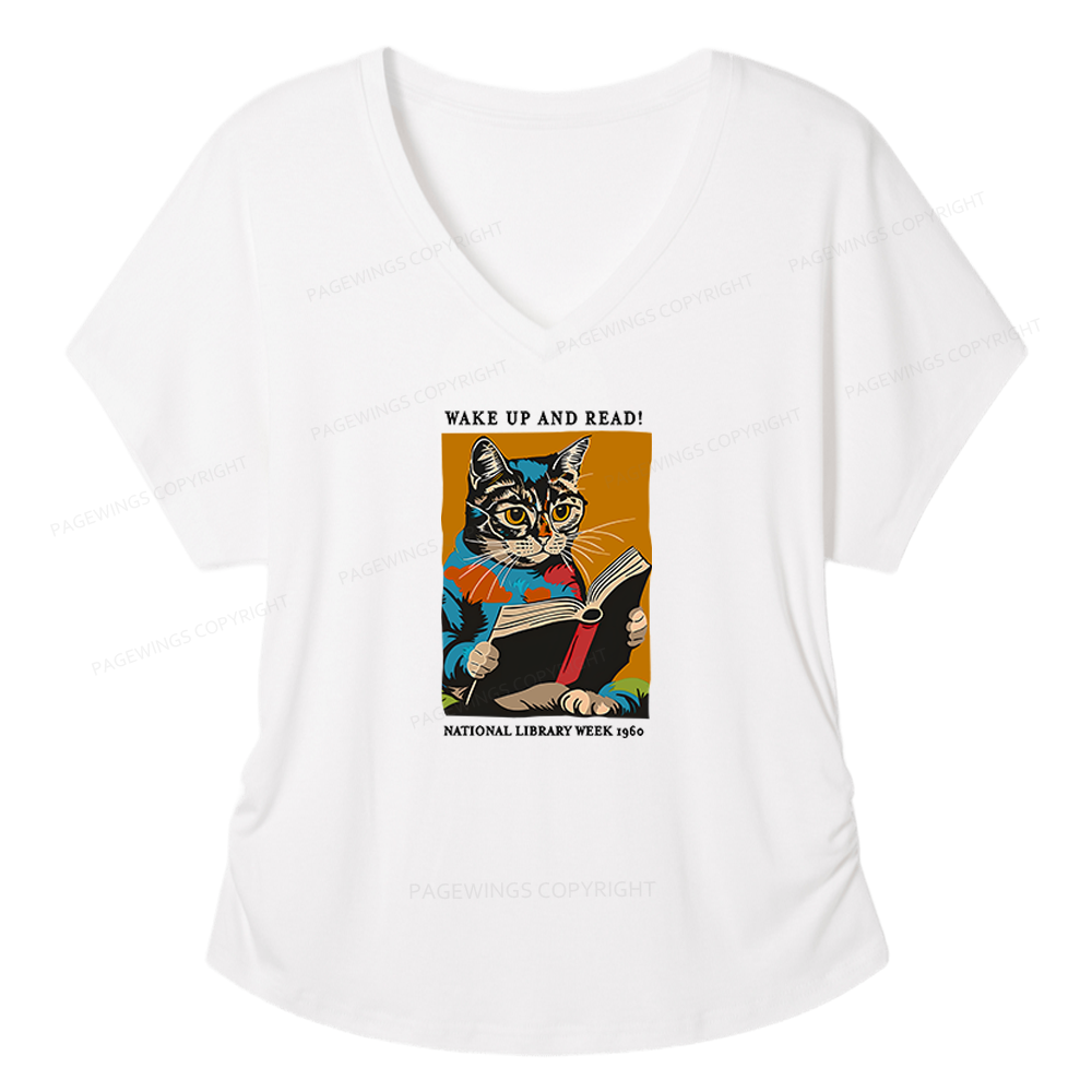 Pagewings Cat Reading Poster Soft Women's Modal V-neck T-shirt