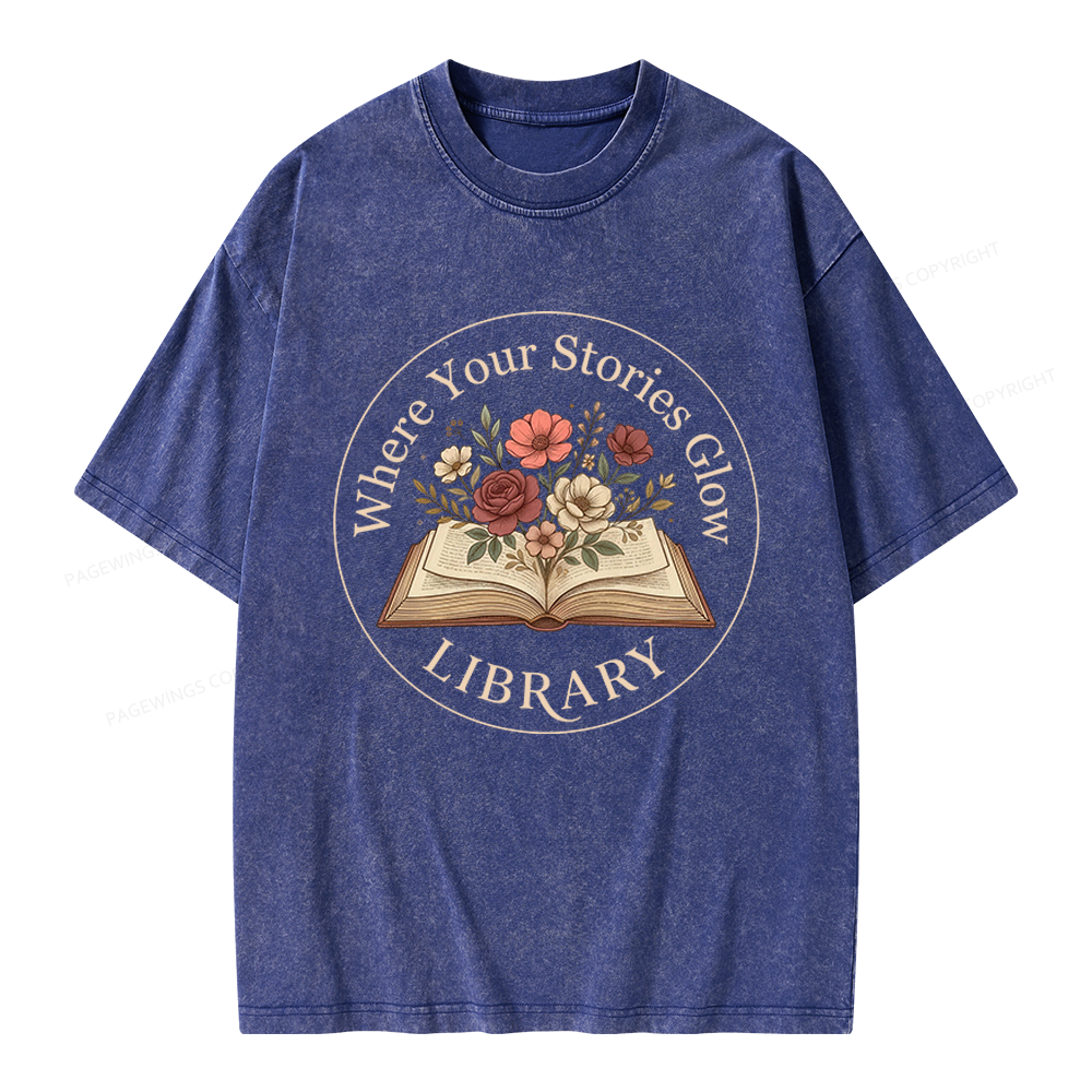 Pagewings Where Your Stories Glow Library Unisex Washed T-shirt