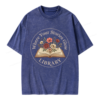 Pagewings Where Your Stories Glow Library Unisex Washed T-shirt