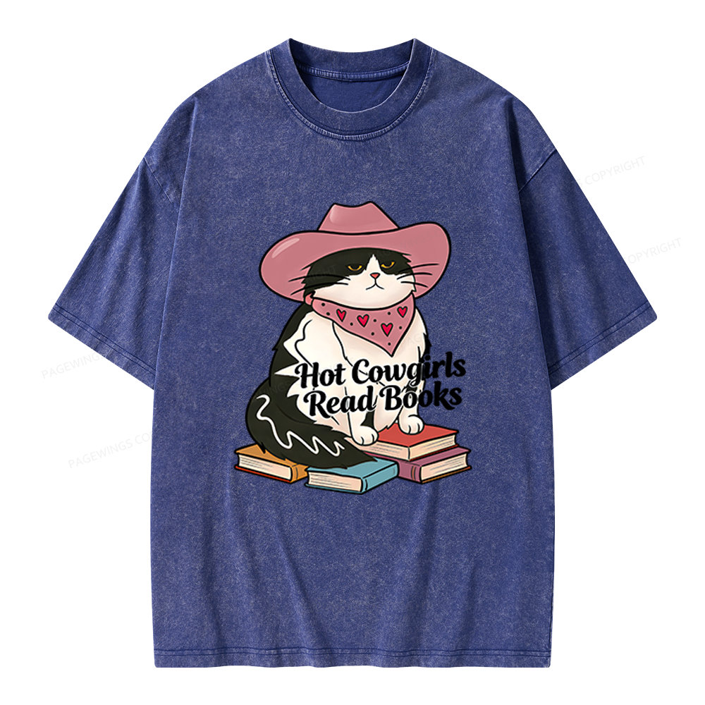 Pagewings Hot Cowgirls Read Books Unisex Washed T-shirt