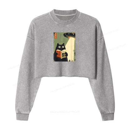 Pagewings Vintage Cat Book Lovers Washed Crop Sweatshirt