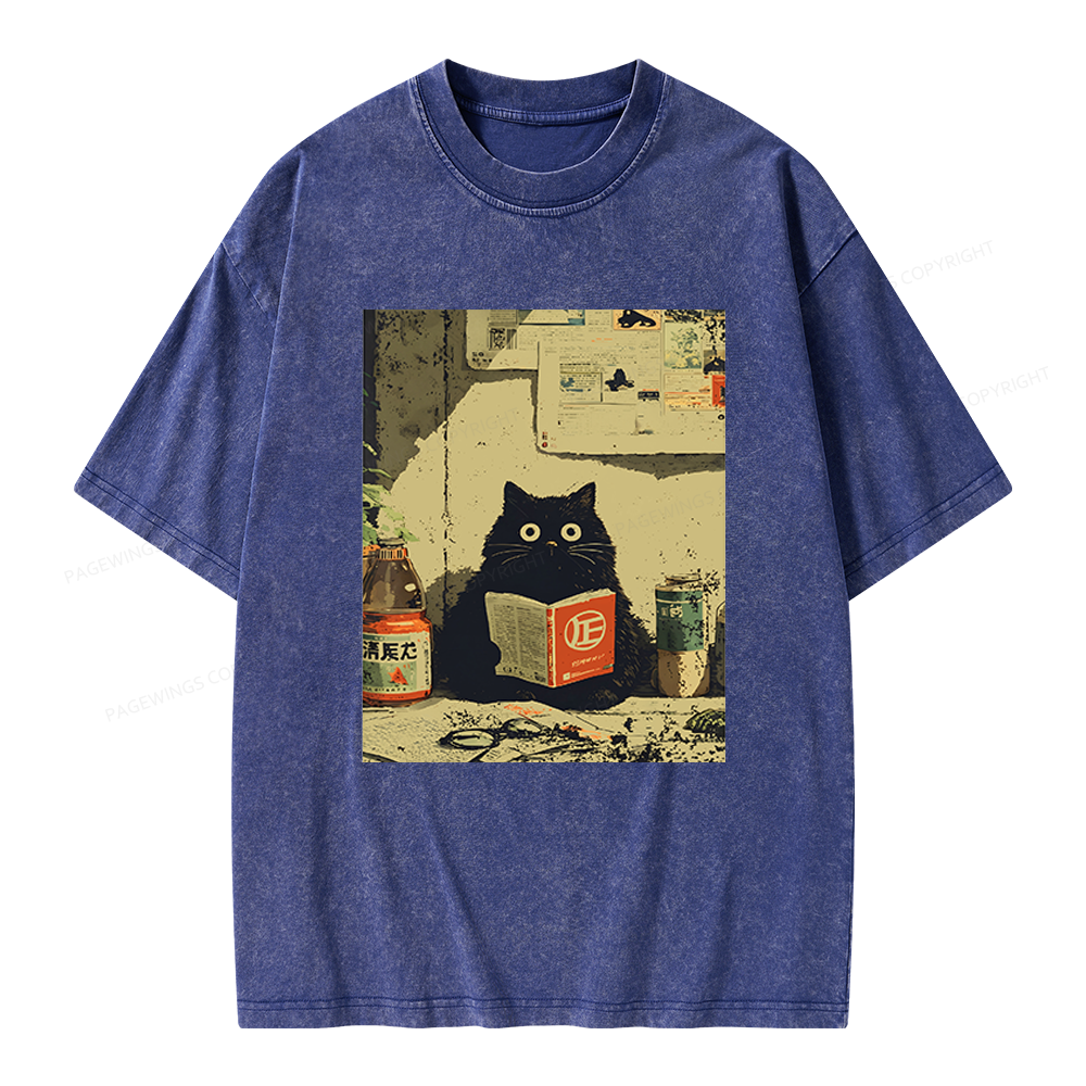 Pagewings Vintage Cat Book Unisex Washed T-shirt
