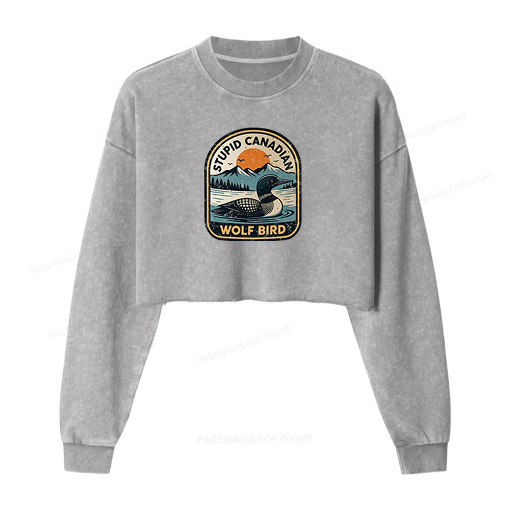 Pagewings Stupid Canadian Wolf Bird Washed Crop Sweatshirt