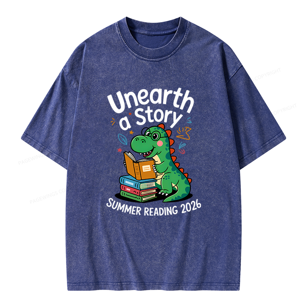 Pagewings Unearth a Story Dinosaur Summer Reading 2026 Unisex Washed T-shirt