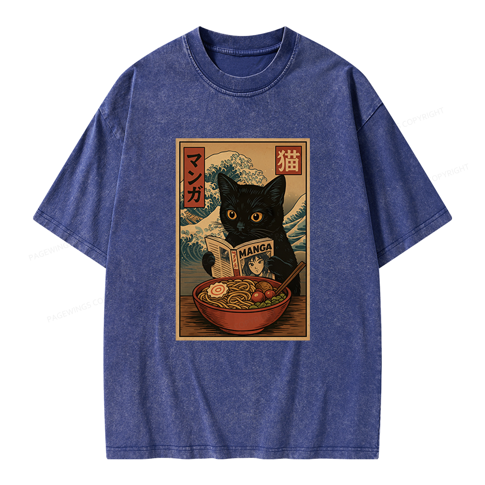 Pagewings Cat Reading Unisex Washed T-shirt