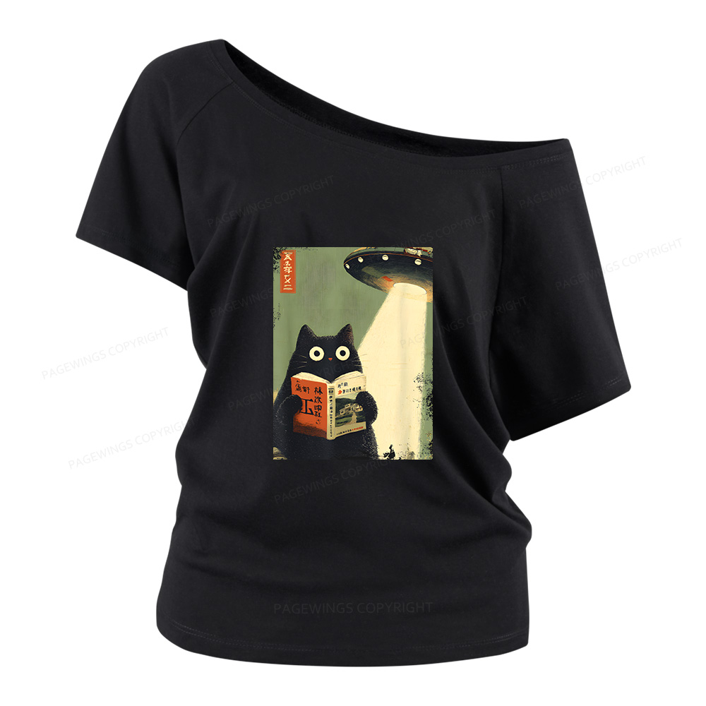 Pagewings Vintage Japanese Cat Book Lovers Women Off Shoulder T-shirts
