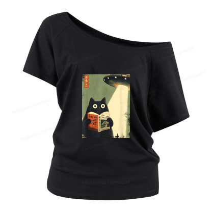 Pagewings Vintage Japanese Cat Book Lovers Women Off Shoulder T-shirts