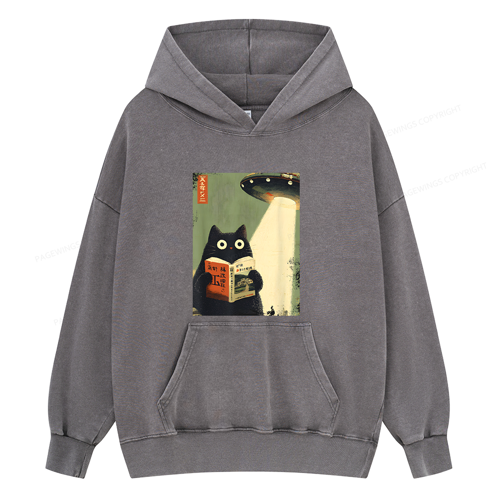 Pagewings Vintage Japanese Cat Book Lovers Unisex Washed Hoodie