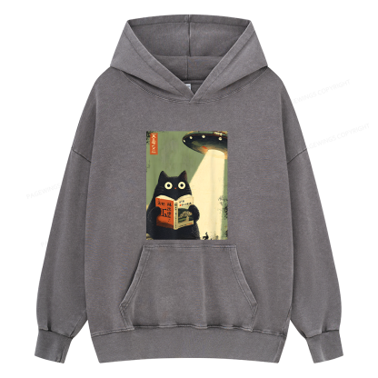 Pagewings Vintage Japanese Cat Book Lovers Unisex Washed Hoodie
