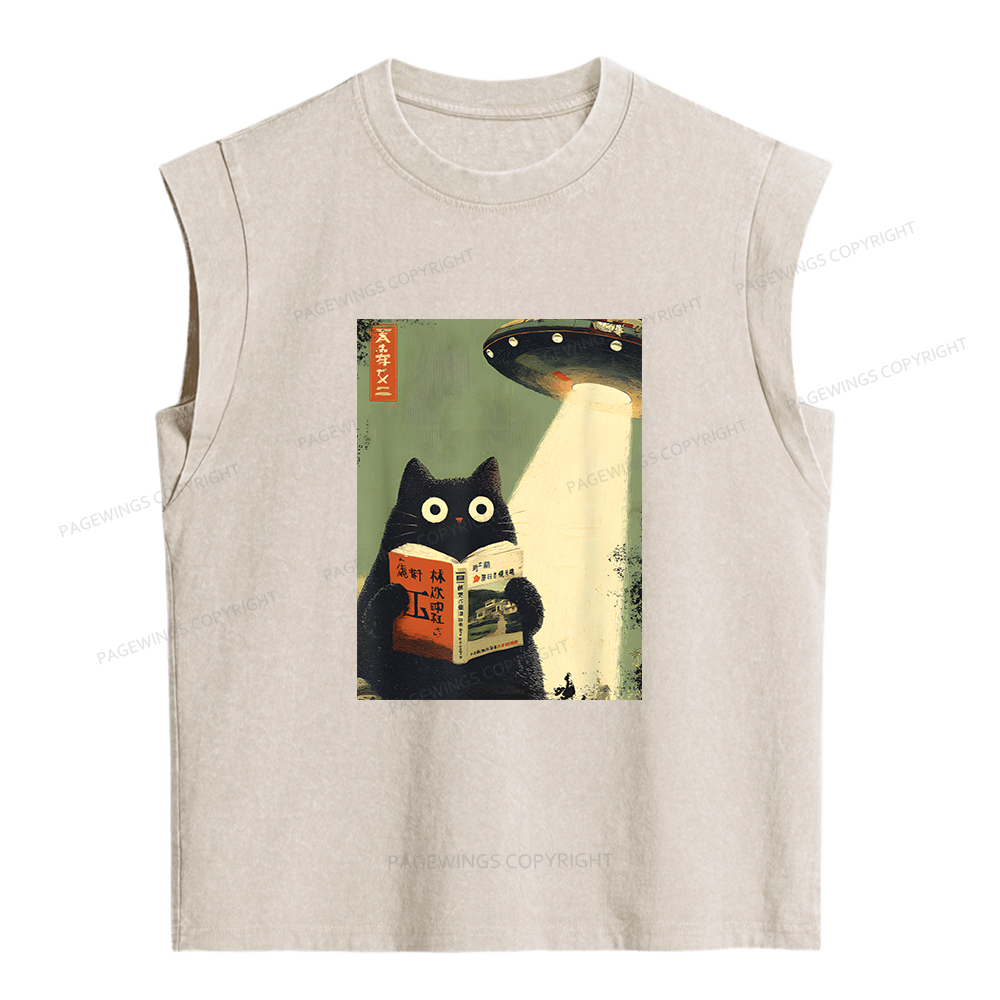 Pagewings Vintage Japanese Cat Book Lovers Women's Washed Tank Top