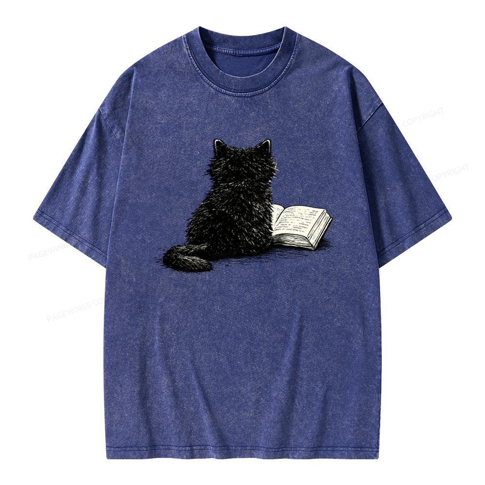 Pagewings Reading Cat Book Lover Unisex Washed T-shirt