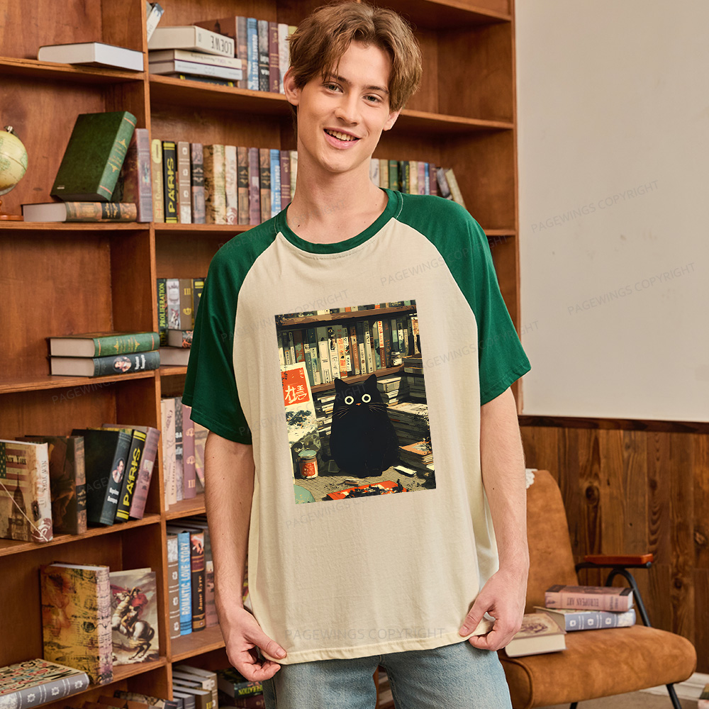 Pagewings Vintage Japanese Cat Book Lovers Raglan T-shirt