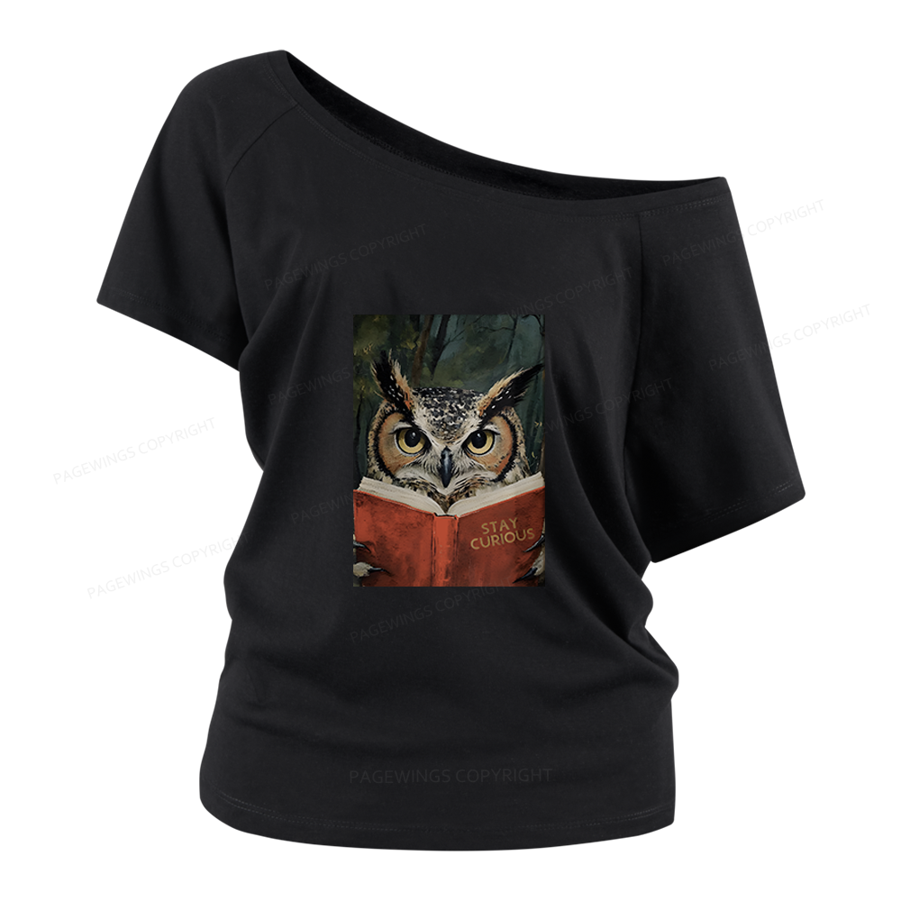Pagewings Owl Reading Women Off Shoulder T-shirts