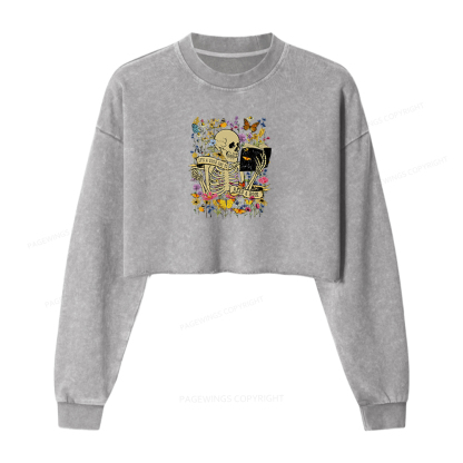 Pagewings Skull Skeleton Reading Book Washed Crop Sweatshirt