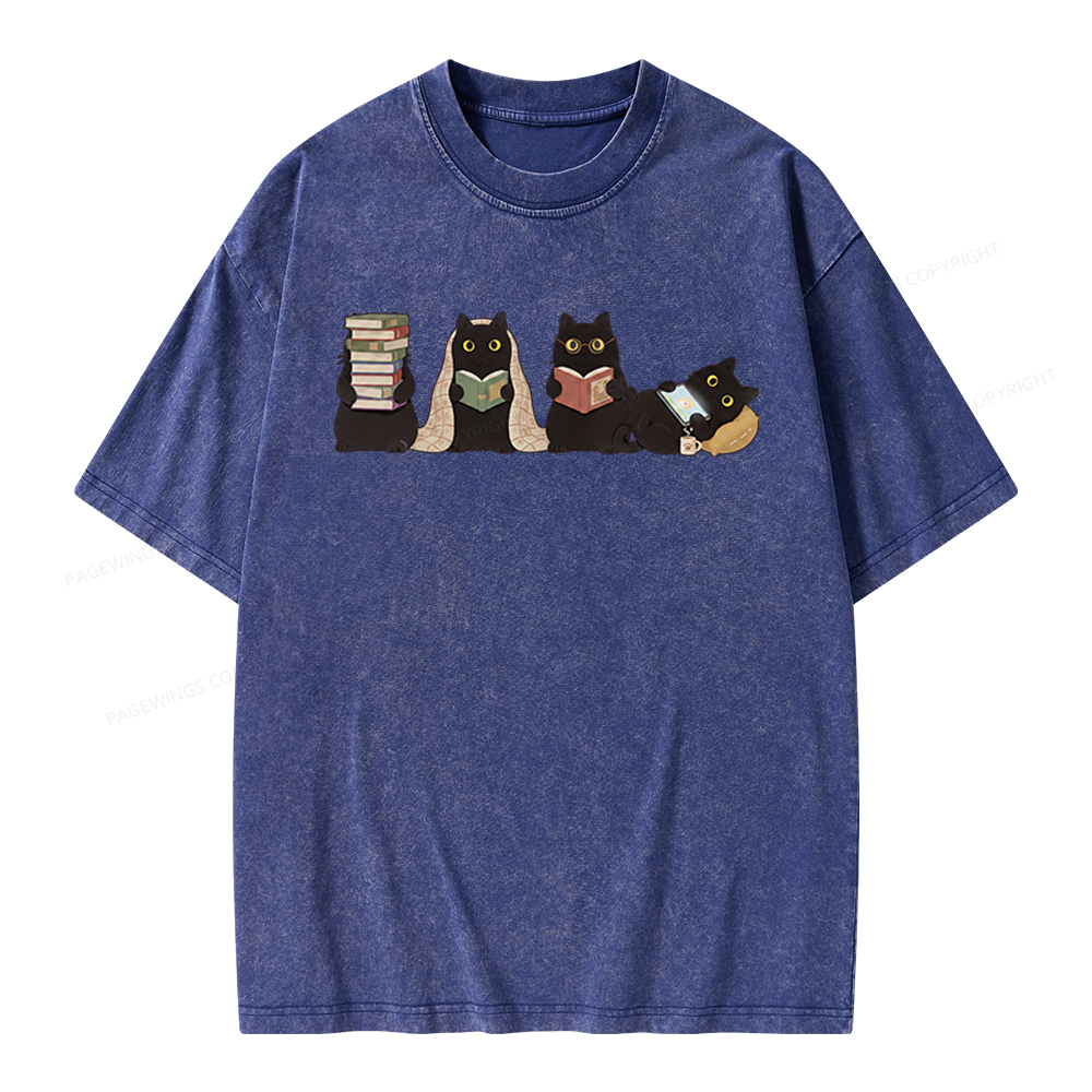 Pagewings Black Cats Reading Unisex Washed T-shirt