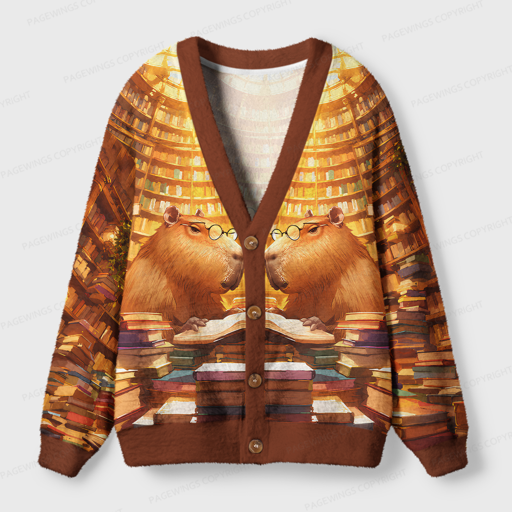 Pagewings Capybara Reading Light Knit Unisex Cardigan Sweaters