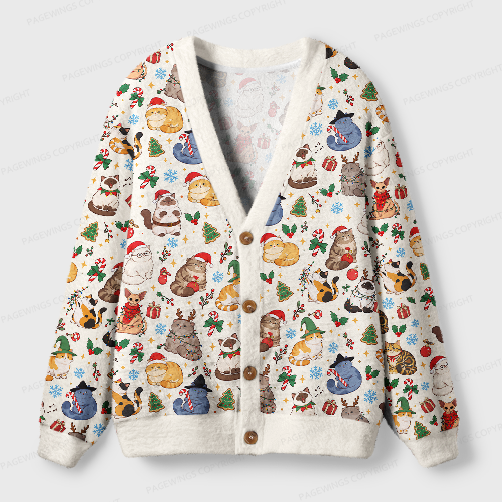 Pagewings Christmas Cat Book Lover Light Knit Unisex Cardigan Sweaters