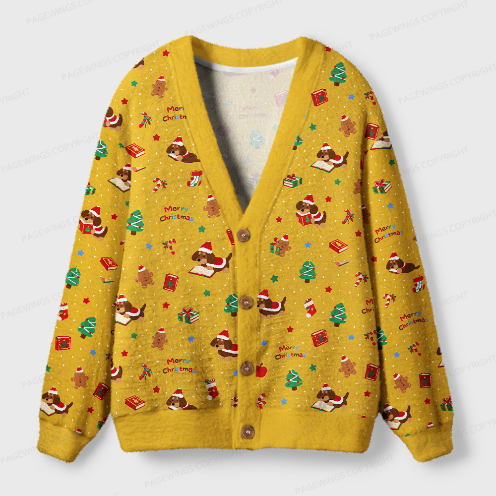 Pagewings Christmas Dog Book Lover Light Knit Unisex Cardigan Sweaters