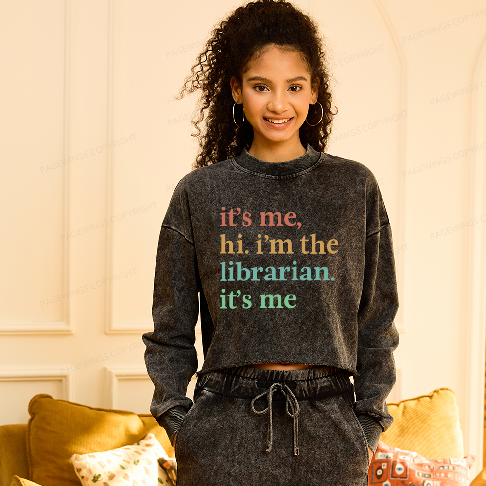 Pagewings Hi I'm The Librarian Washed Crop Sweatshirt