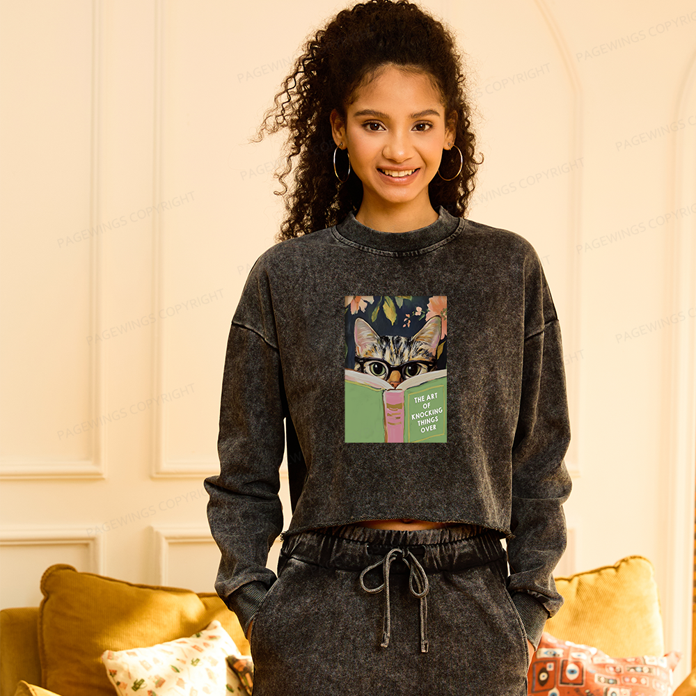 Pagewings Cat Reading Washed Crop Sweatshirt