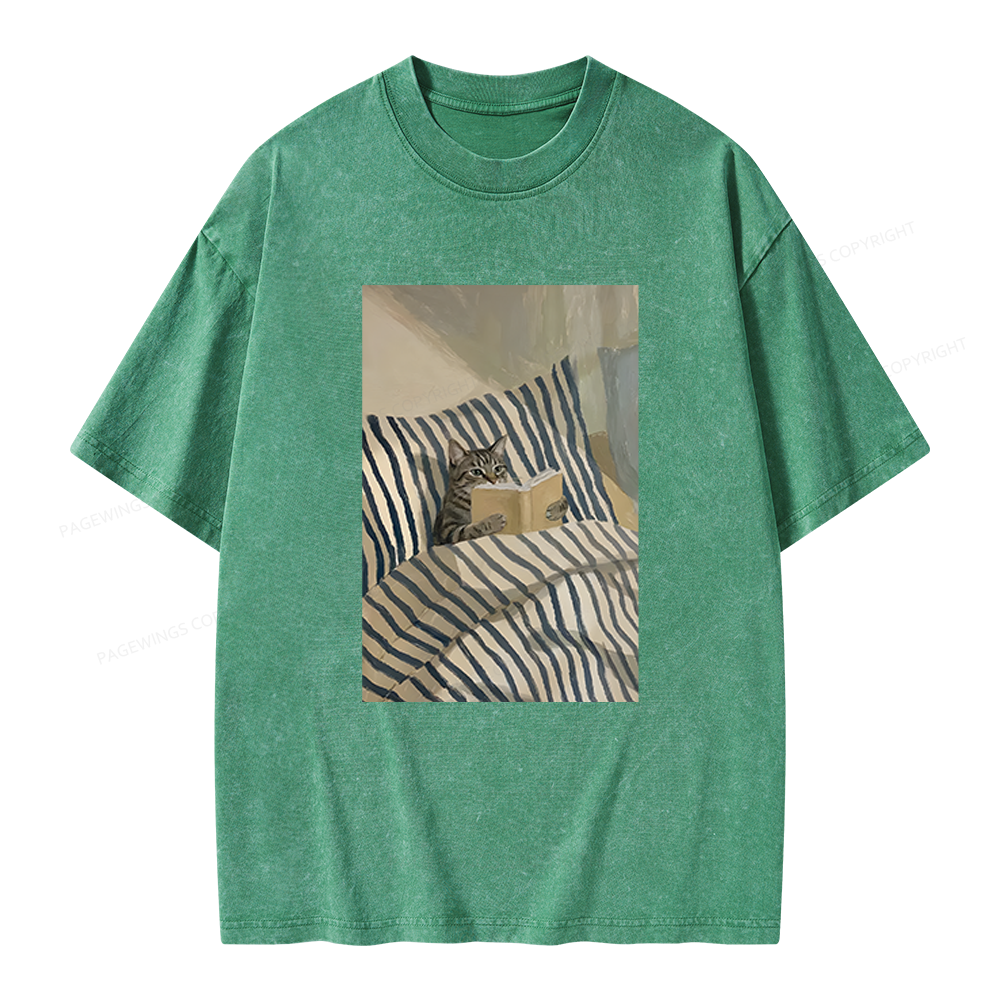 Pagewings Cat Reading Book In Bed Unisex Washed T-shirt