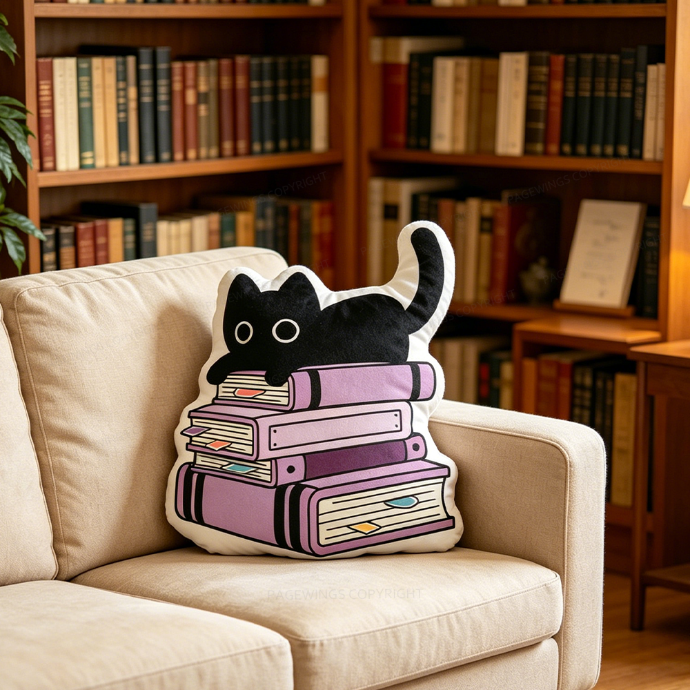 Pagewings Black Cat And Books Shaped Throw Pillow