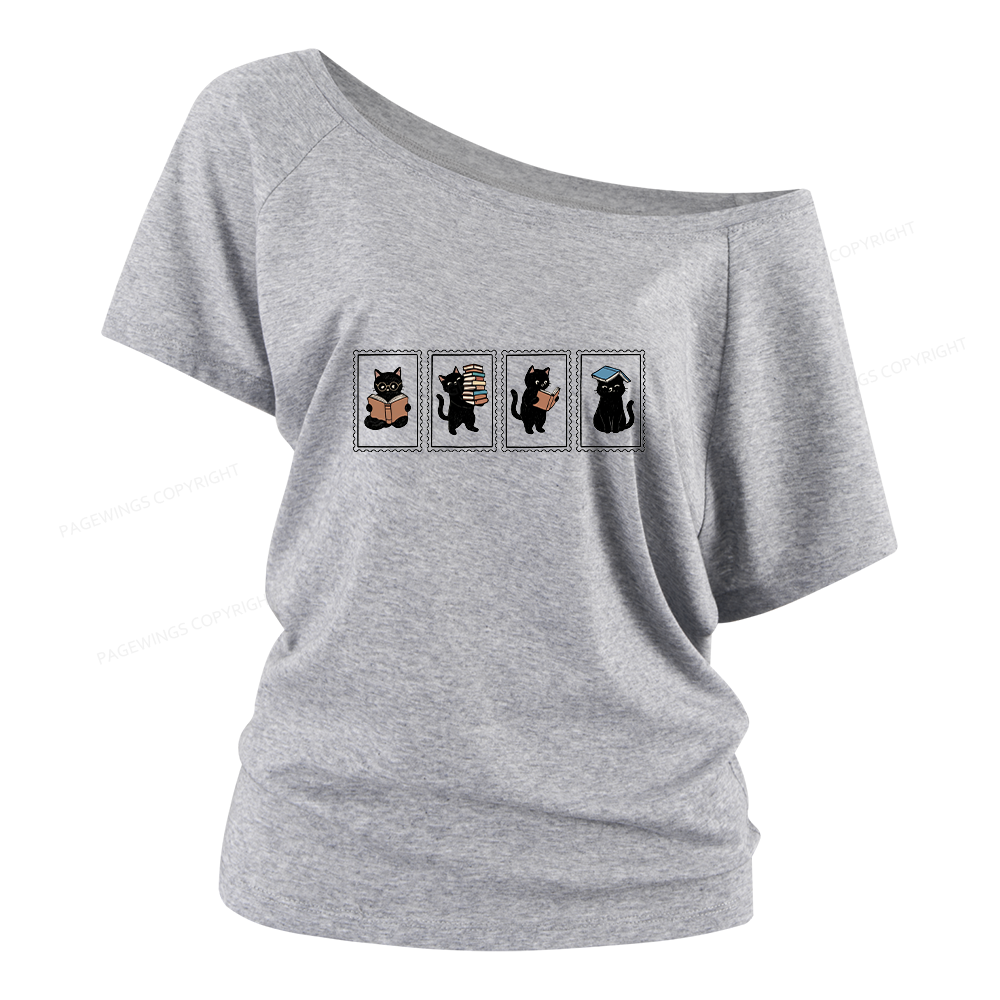 Pagewings Black Cats and Books Women Off Shoulder T-shirts