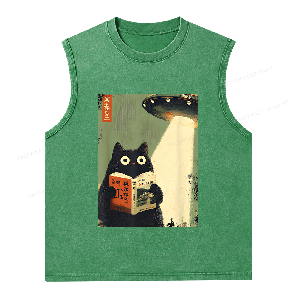 Pagewings Vintage Cat Book Lovers Unisex Washed Tank Top