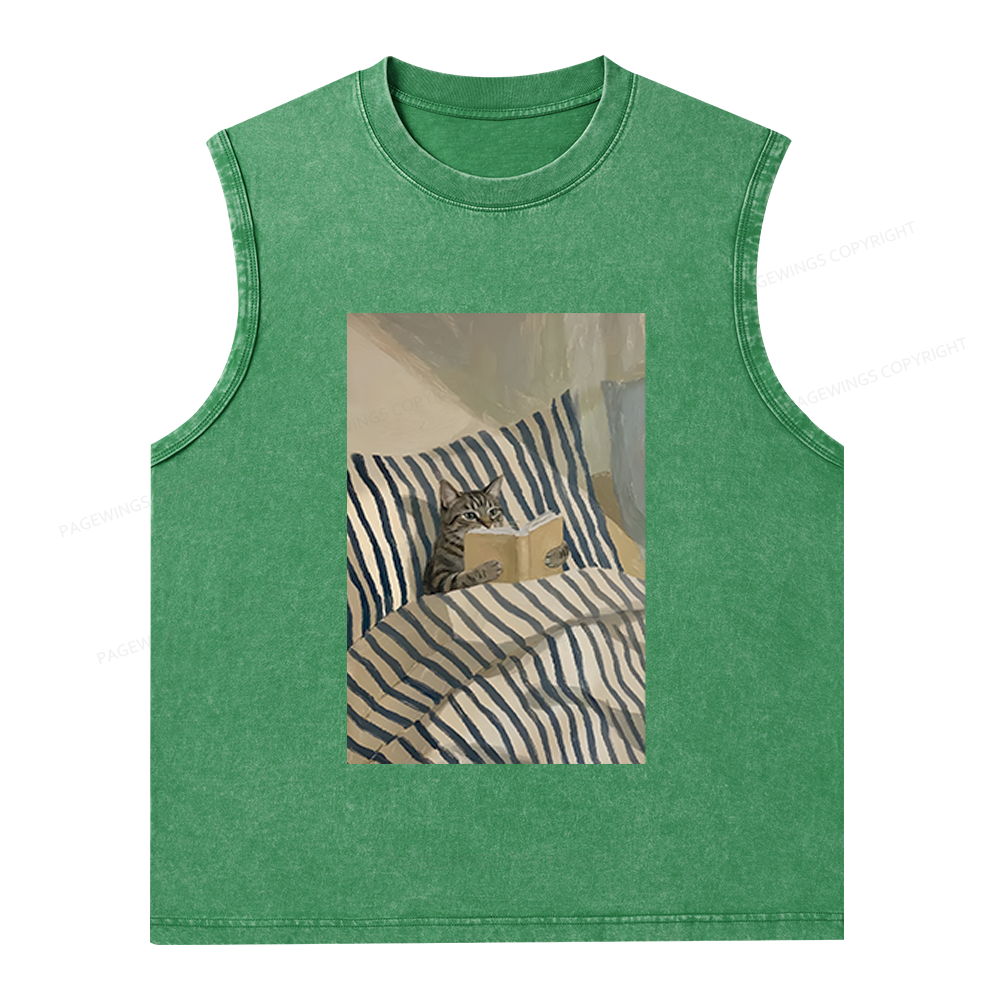 Pagewings Cat Reading Book Unisex Washed Tank Top