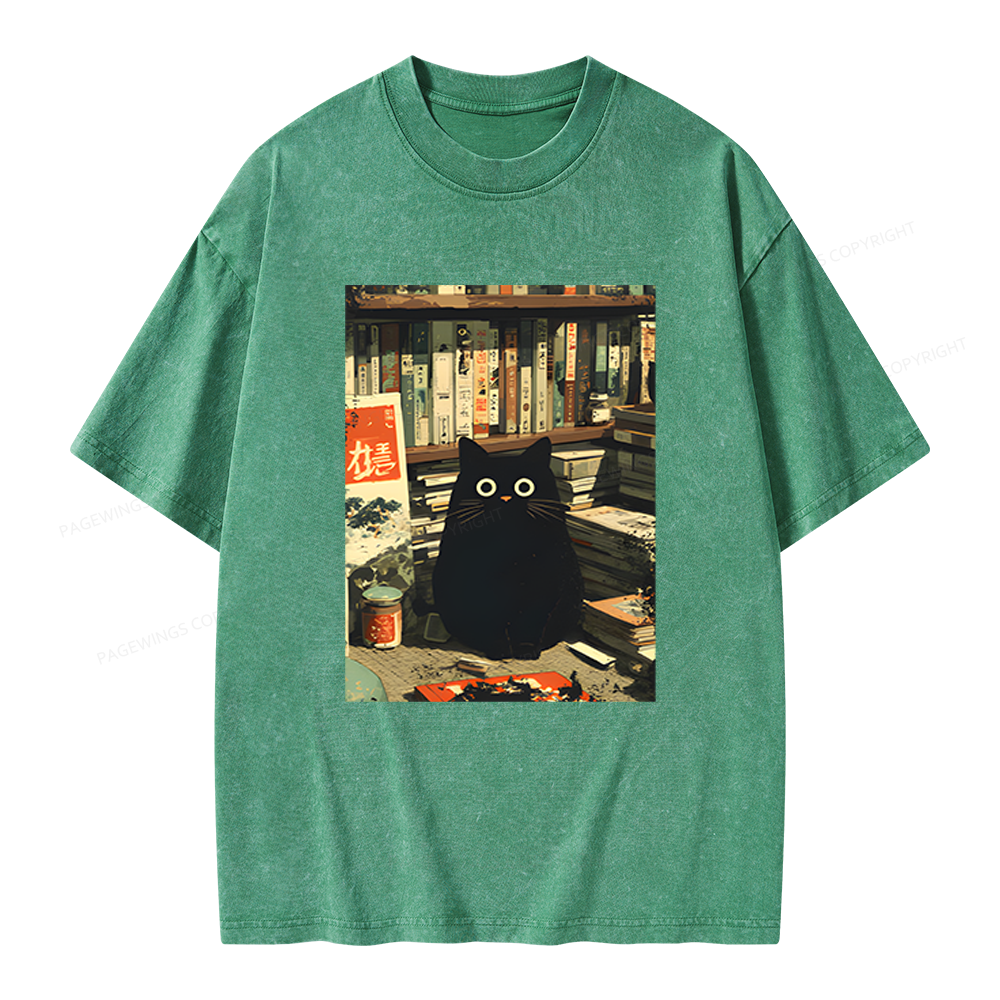 Pagewings Vintage Cat Book Lovers Unisex Washed T-shirt