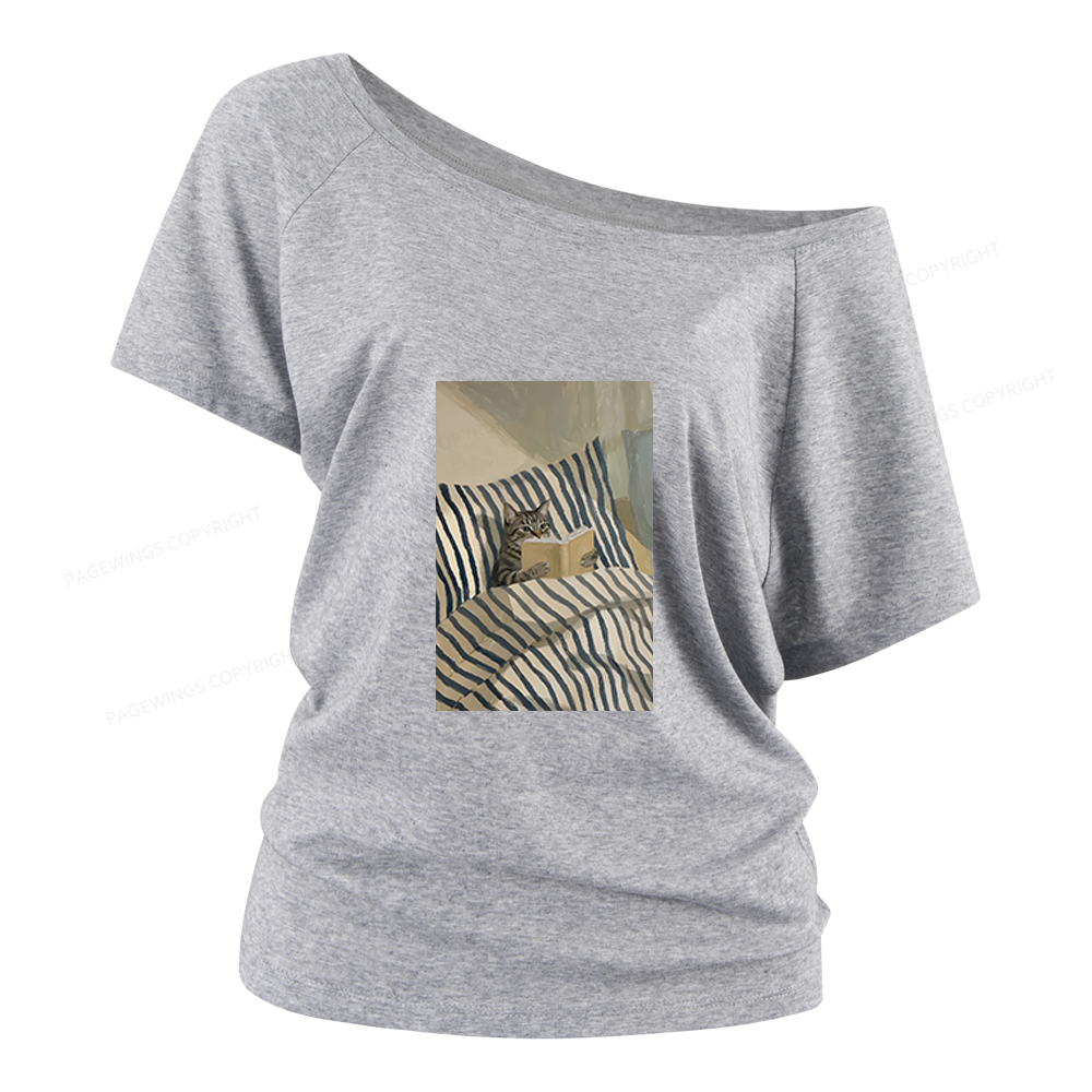 Pagewings Cat Reading Women Off Shoulder T-shirts