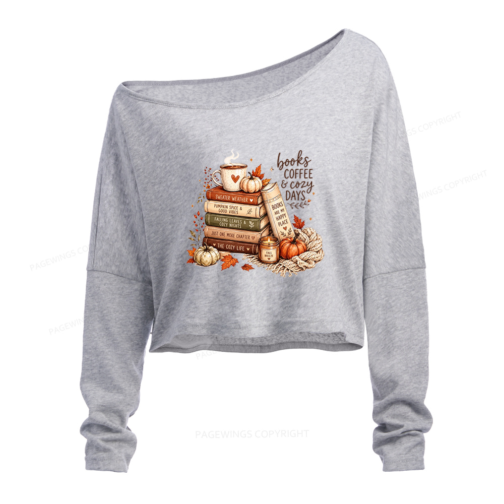 Pagewings Fall Bookish Slouchy Long Sleeve Off Shoulder T-shirt