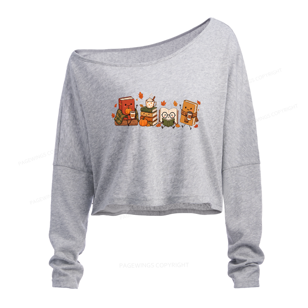 Pagewings Cozy Book Lover Slouchy Long Sleeve Off Shoulder T-shirt