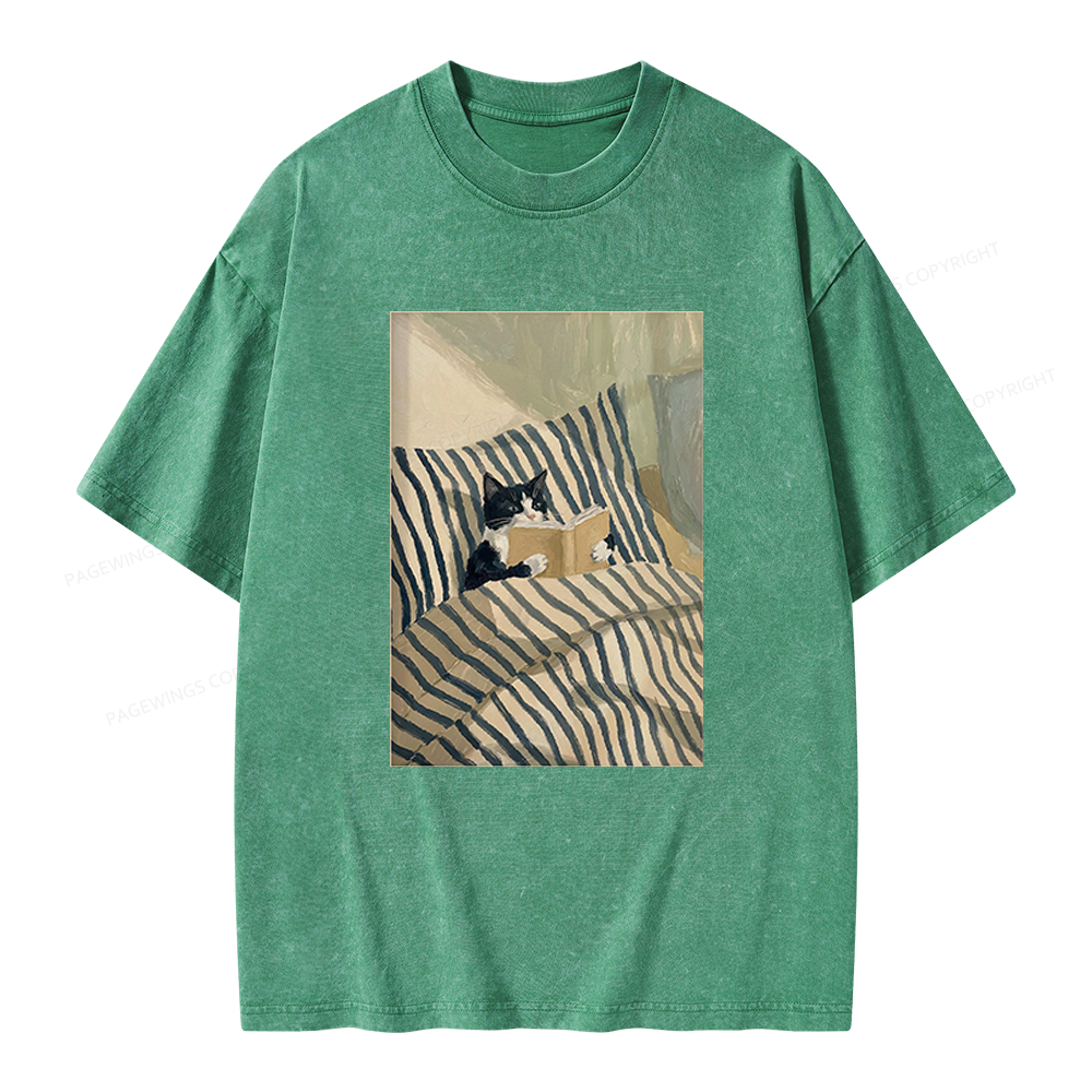Pagewings Cat Reading Book Unisex Washed T-shirt