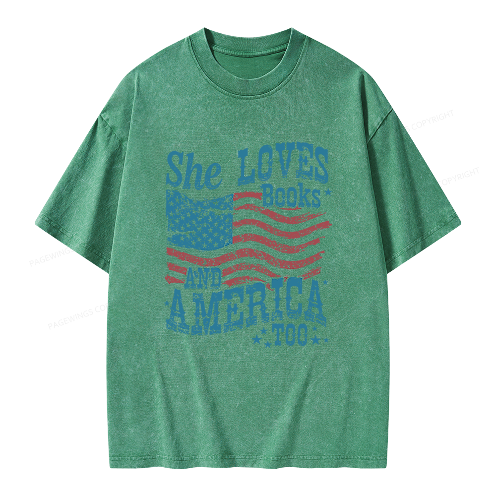 Pagewings She Loves Books And America Too Unisex Washed T-shirt
