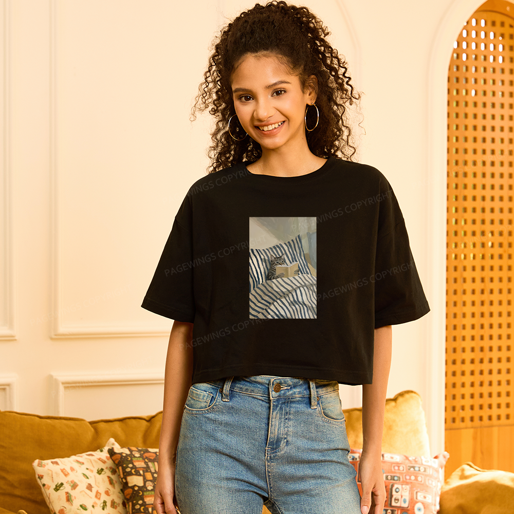 Pagewings Cat Reading Book In Bed Women Crop Tops