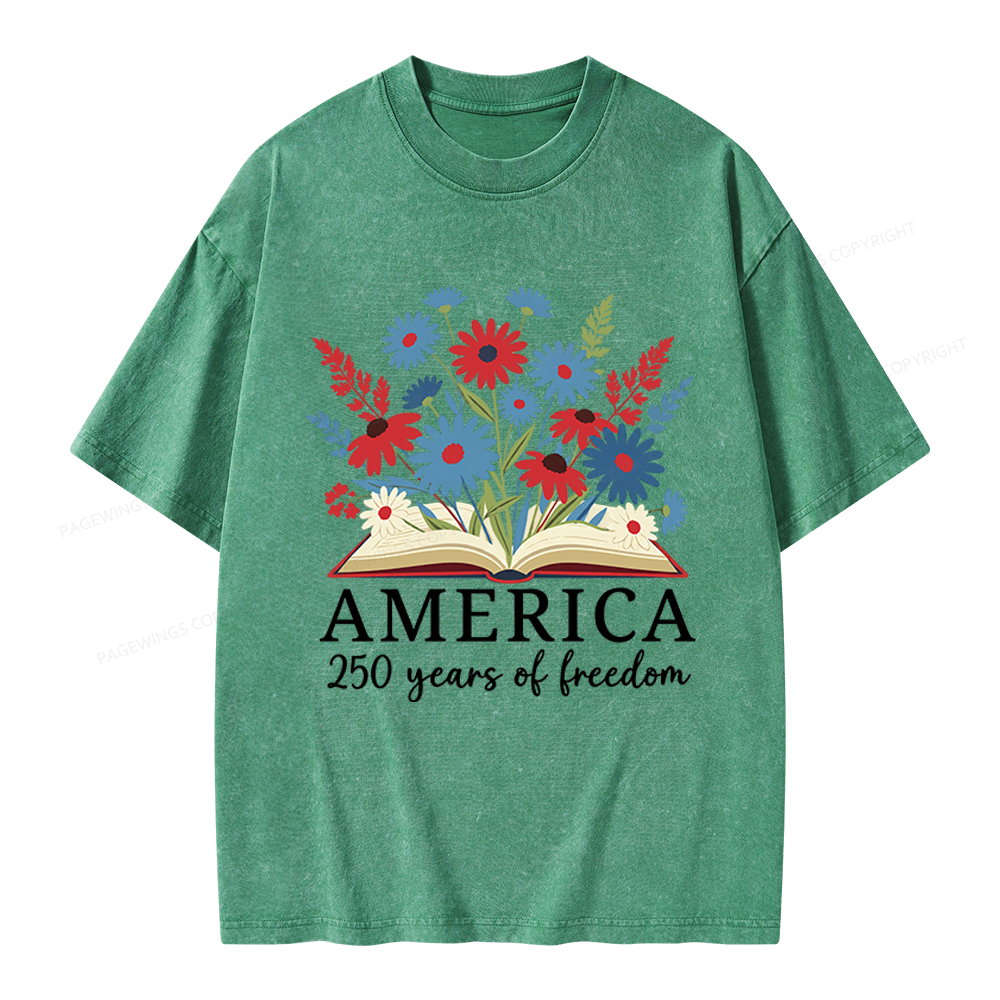 Pagewings Floral Patriotic America 250 Unisex Washed T-shirt