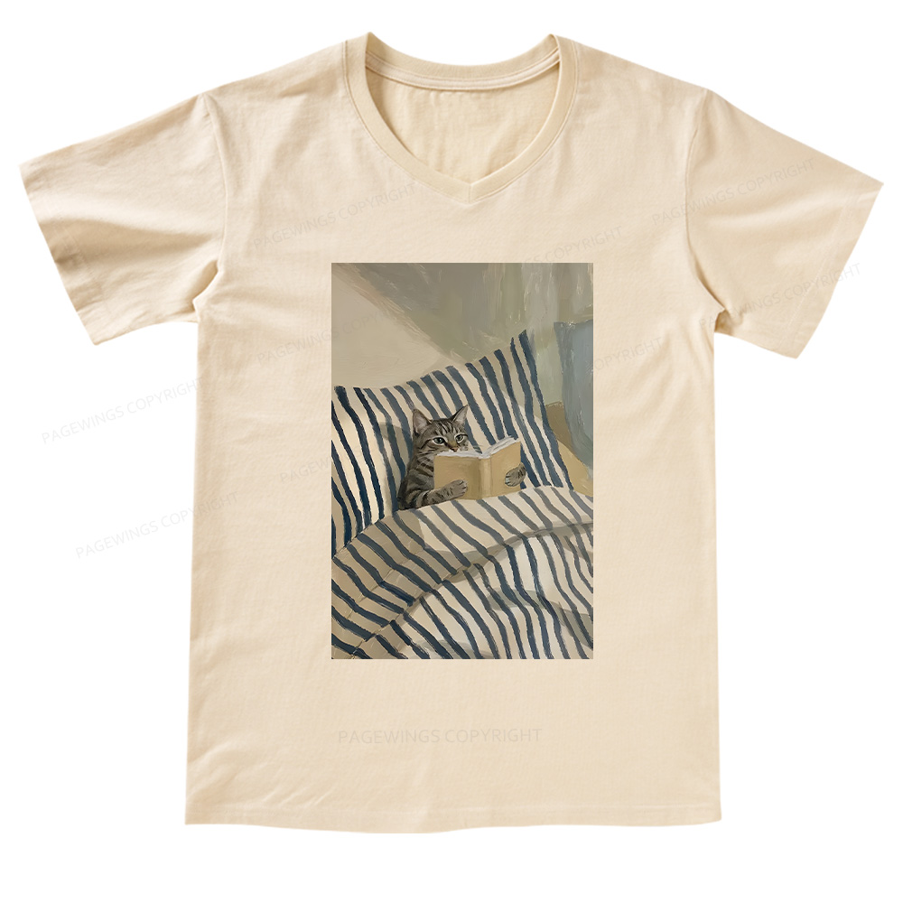 Pagewings Cat Reading Book In Bed V-neck T-shirt