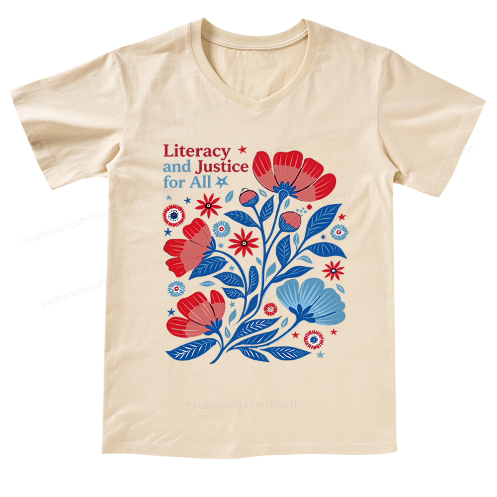 Pagewings Literacy and Justice for All V-neck T-shirt