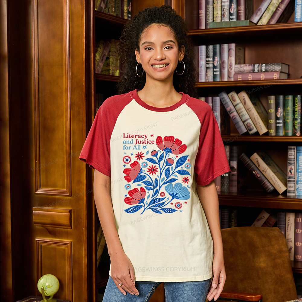 Pagewings Literacy and Justice for All Raglan T-shirt
