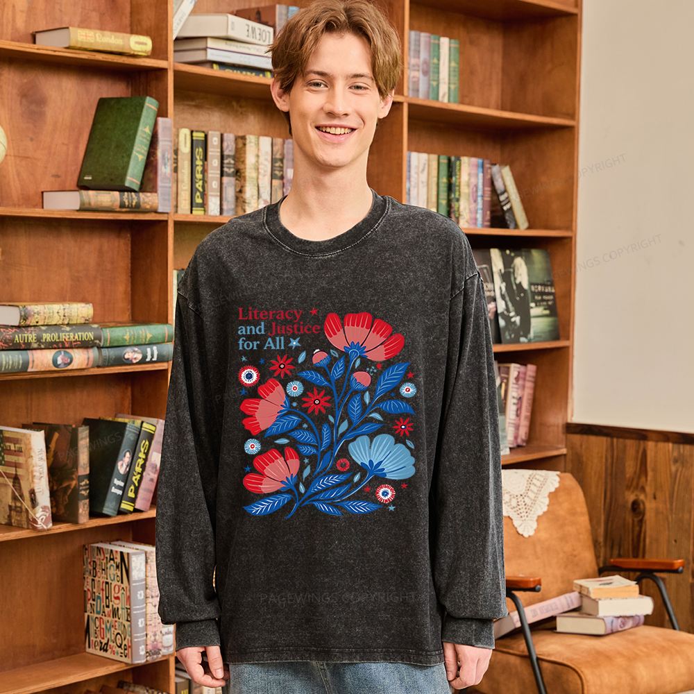Pagewings Literacy and Justice for All Unisex Washed Long Sleeve T-shirt