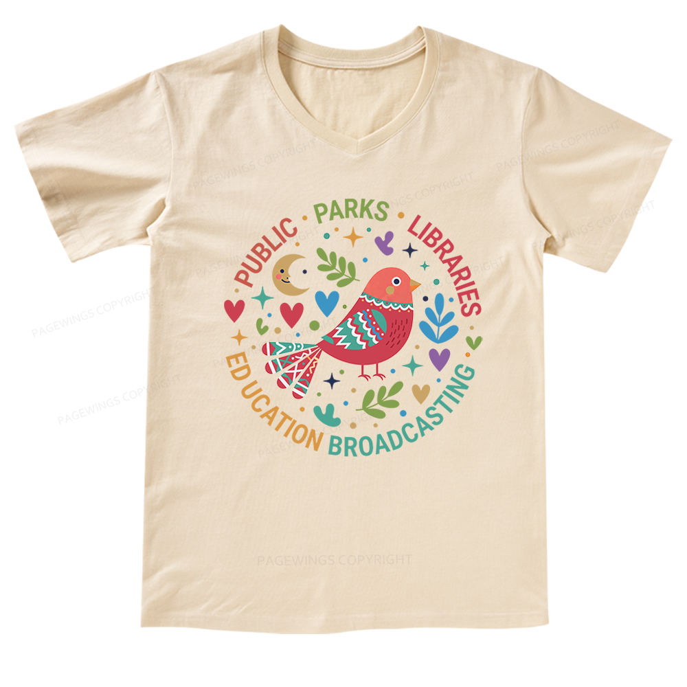 Pagewings Public Parks Libraries Education Broadcasting V-neck T-shirt