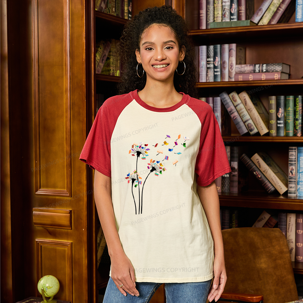 Pagewings Cute Dandelion Books Flower Fly Raglan T-shirt