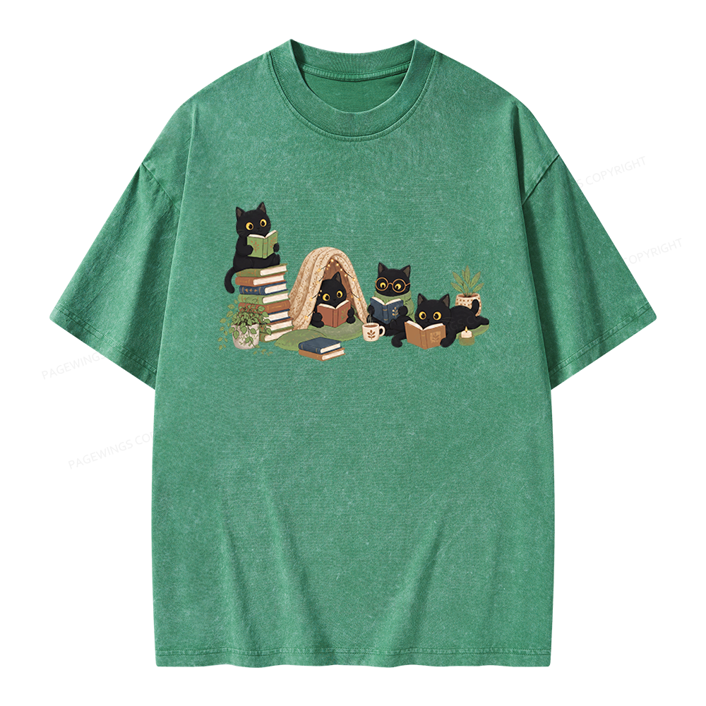 Pagewings Black Cat Reading Unisex Washed T-shirt