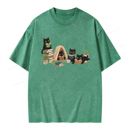 Pagewings Black Cat Reading Unisex Washed T-shirt