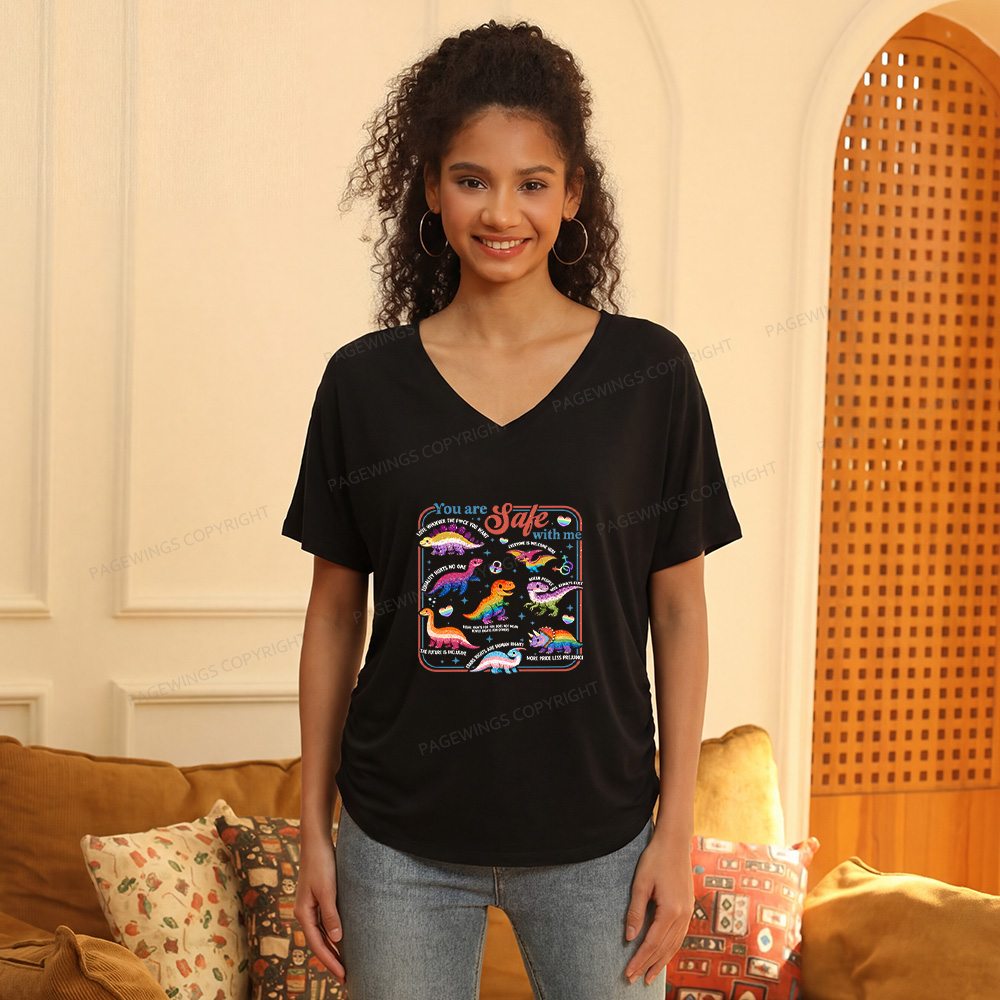Pagewings Dinosaur Rainbow Soft Women's Modal V-neck T-shirt  