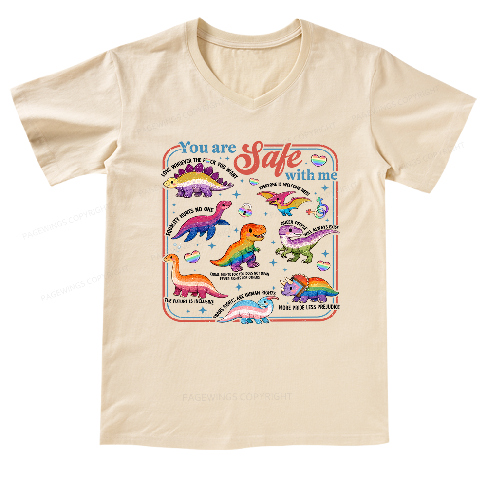 Pagewings Dinosaur Rainbow V-neck T-shirt