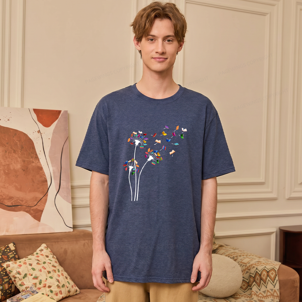 Pagewings Soft Cute Dandelion Books Flower Fly 10035 Bookish Unisex Heather T-Shirt